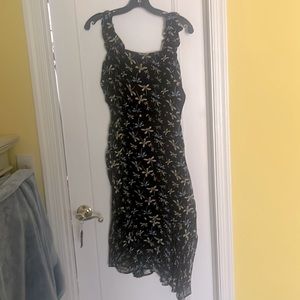 Black with blue and gold dragonflies size small asymmetrical sun dress